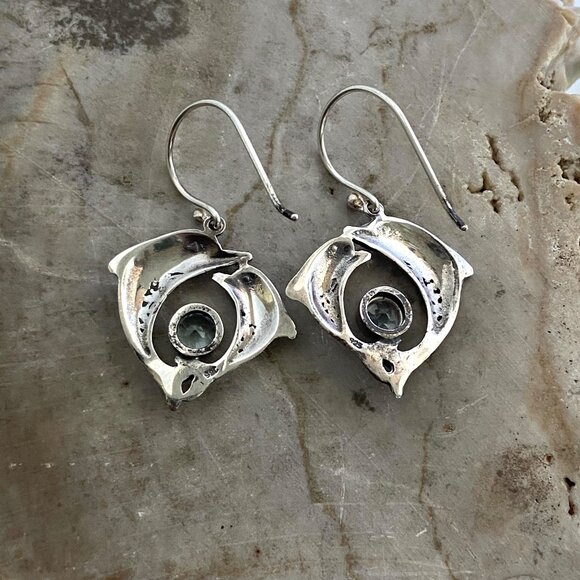 Sterling Silver 925 Blue Topaz Dolphin Earrings & Pendant Necklace Set 18" - Picture 8 of 16